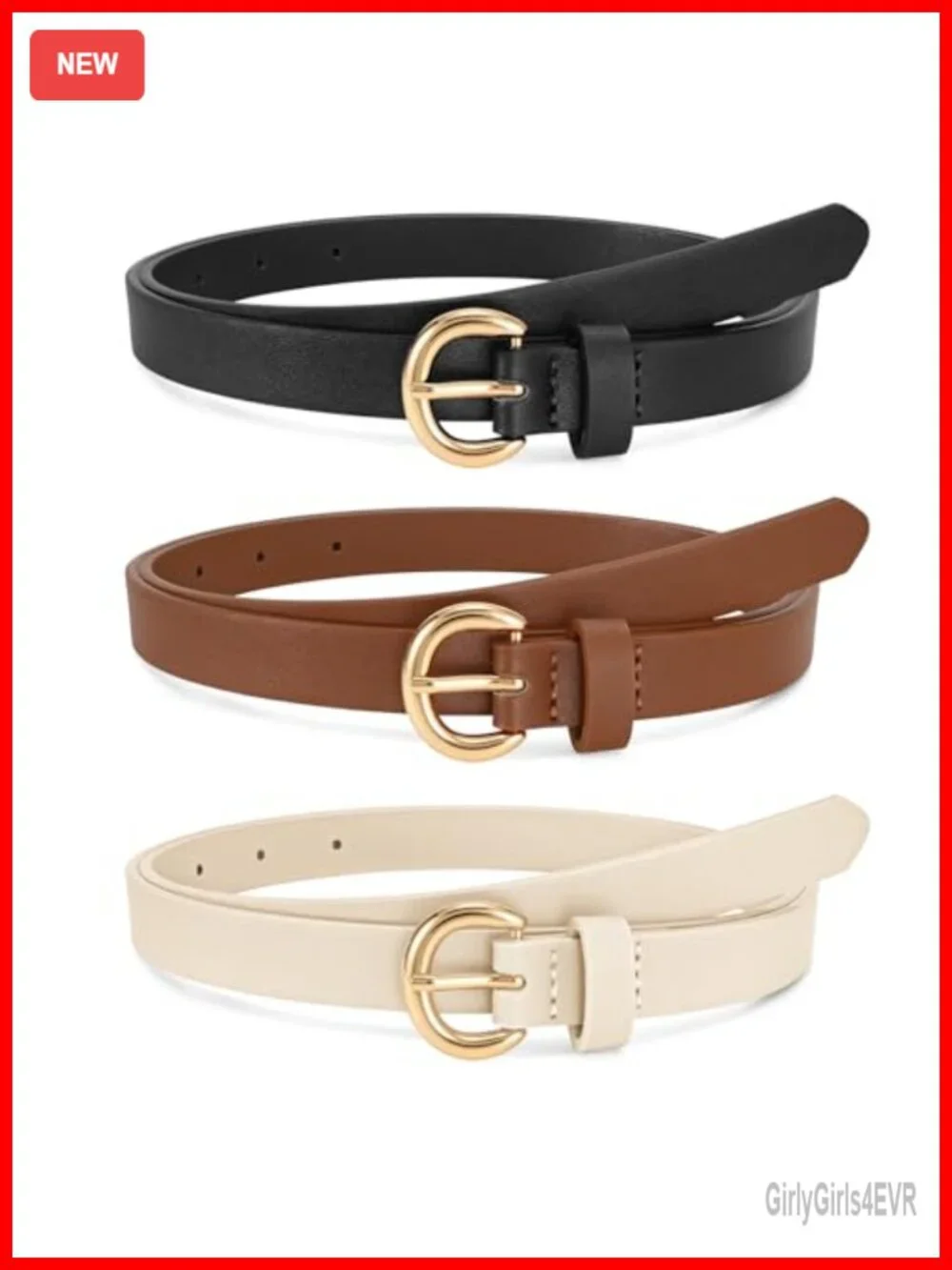 3 Pack Women Skinny Belt Thin Faux Leather Belt with Gold Buckle 0.74 Width